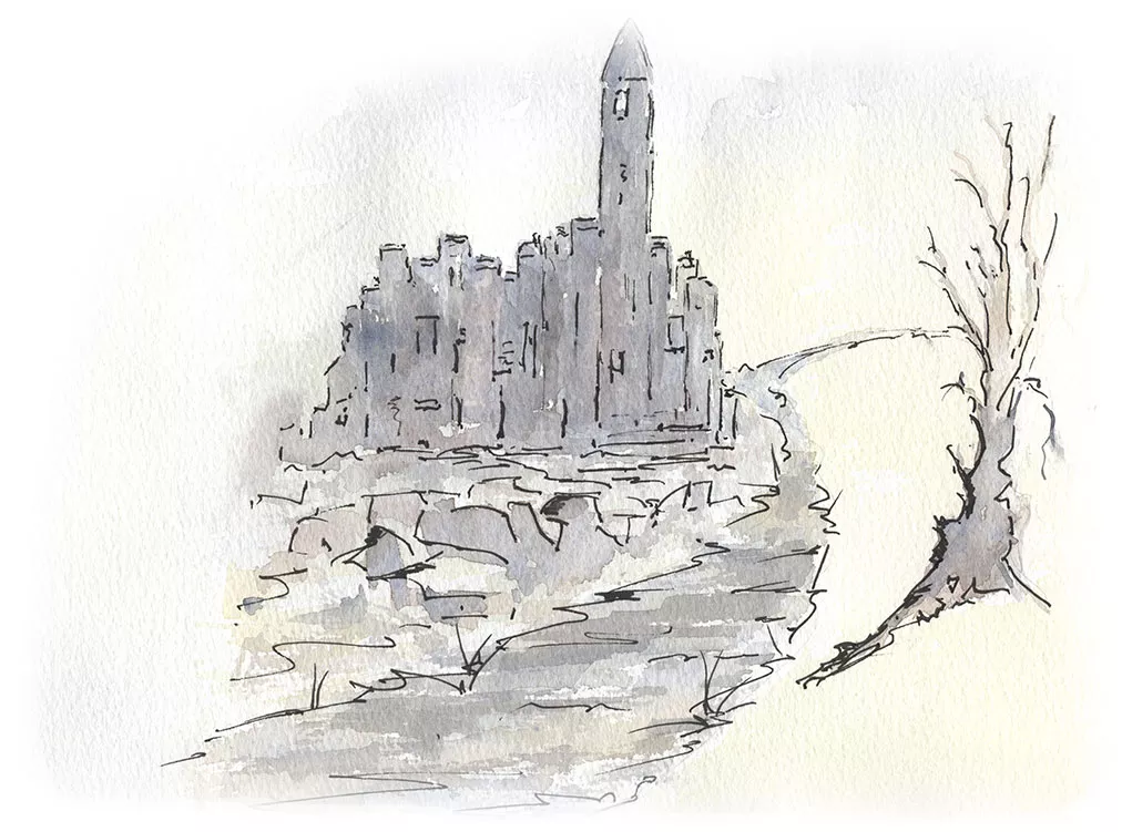 Background line and wash image of castle